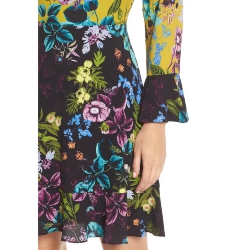 ELIZA J NWOT Floral Color Block MIDI Dress Long Bell Sleeves Sz 4 Dark Romantic - Picture 3 of 16